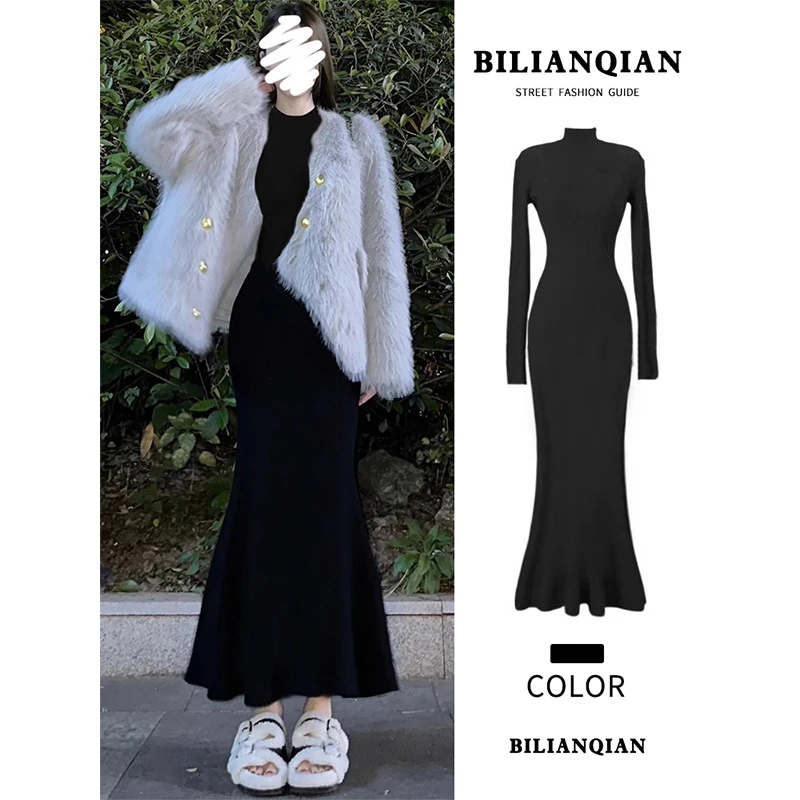 步步生莲鱼尾旗袍裙女秋冬季加绒厚连衣裙内搭针织黑色包臀长裙子