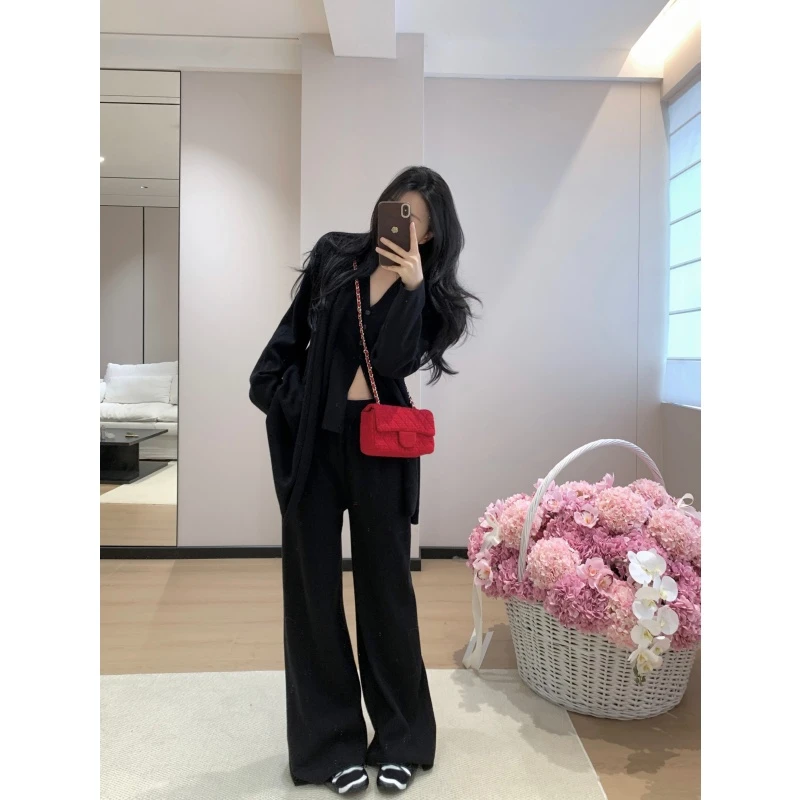 韩系冷淡一整套气质休闲风针织吊带高级感百搭外套宽松直筒裤套装