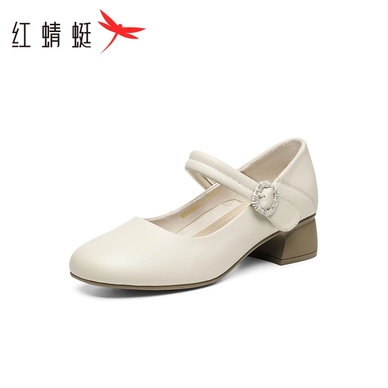 红蜻蜓粗跟单鞋女2025春季新款女鞋白色皮鞋气质妈妈玛丽珍高跟鞋