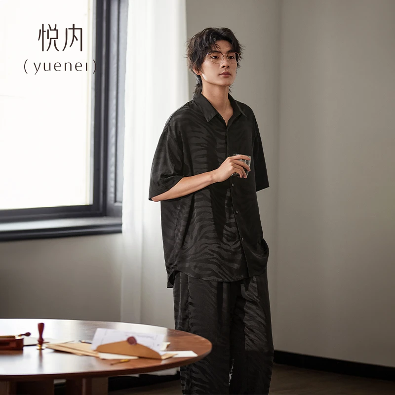 悦内睡衣男款夏季夏天冰丝绸缎短袖长裤家居服男士轻奢黑色高级感