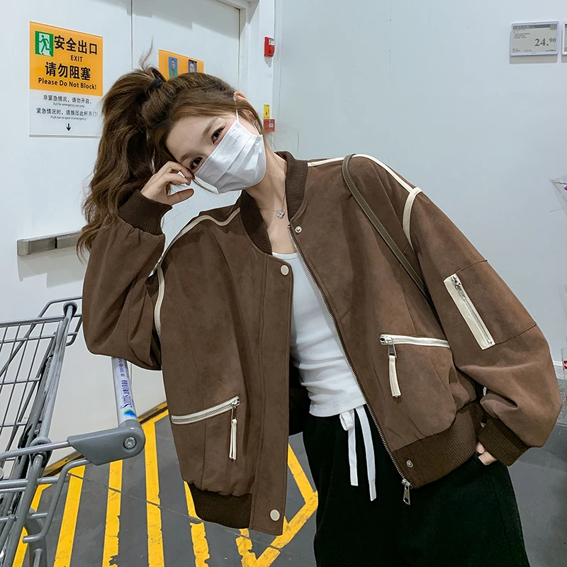 美拉德短款棒球服外套女2025韩系复古棕色小个子宽松休闲夹克上衣