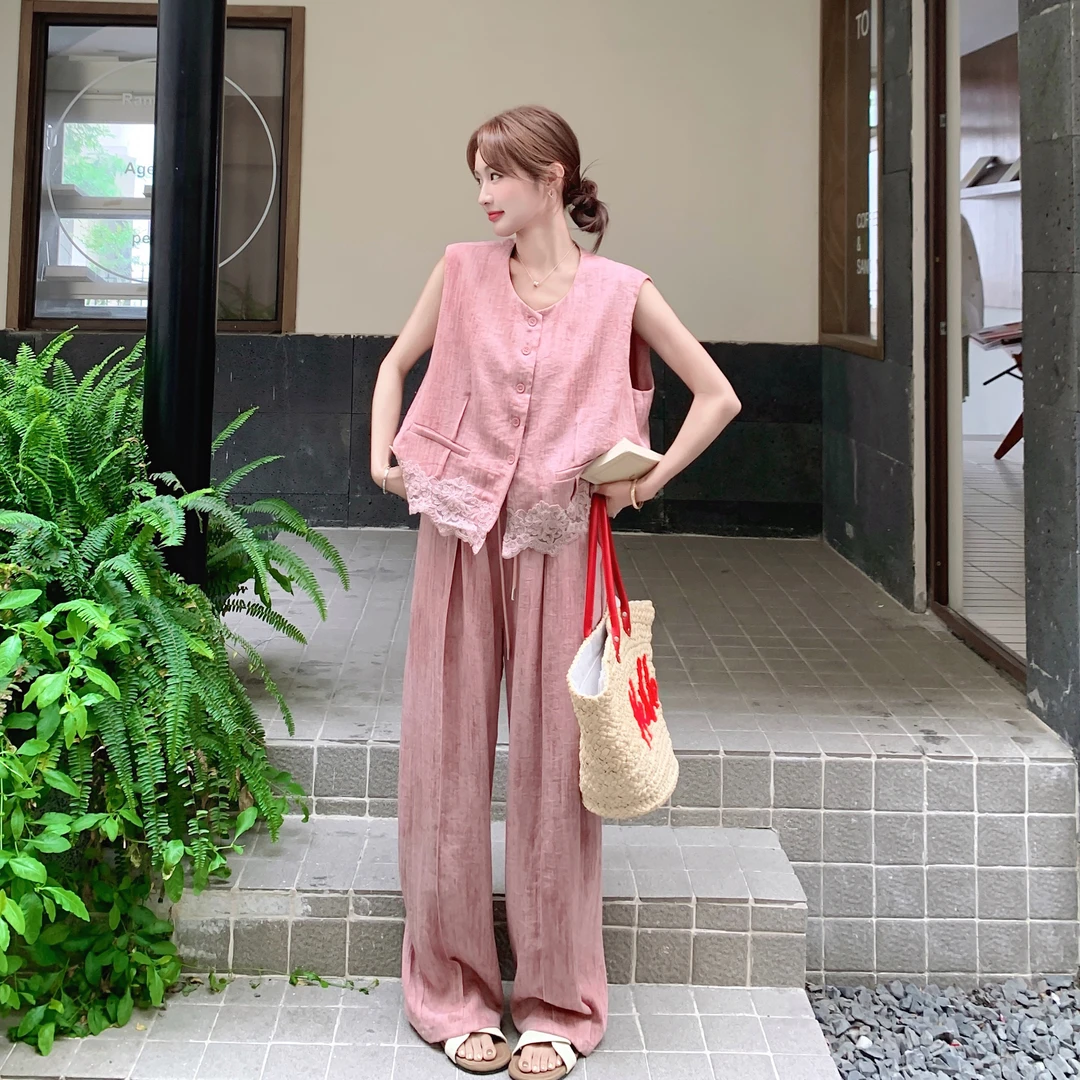 今年流行洋气套装裤女2025夏季新款蕾丝拼接无袖上衣阔腿裤两件套