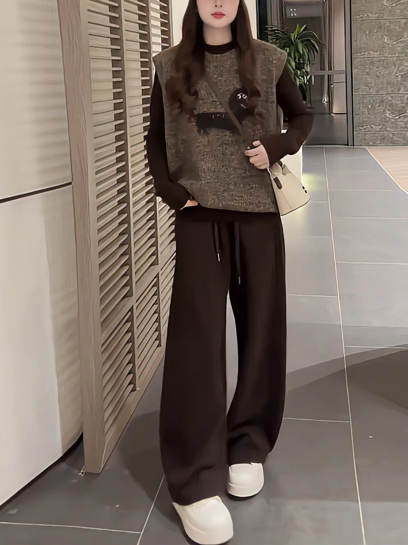 欧货休闲运动套装女春秋2025新款针织无袖背心打底+长裤三件套装
