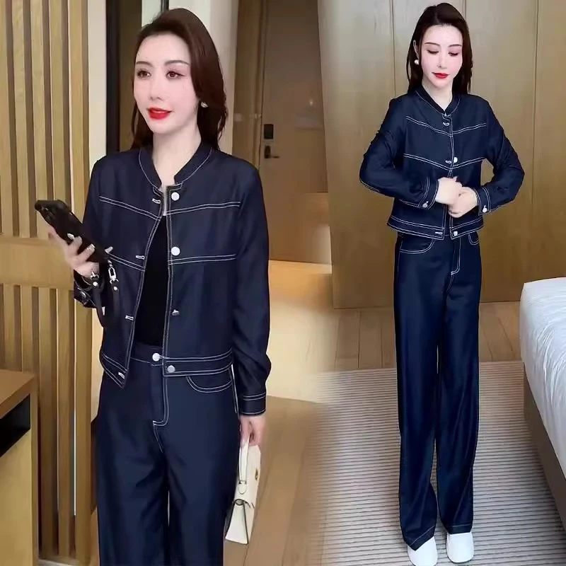 拉夏贝尔 时尚休闲套装女2025春季新款洋气牛仔外套阔腿裤两件套