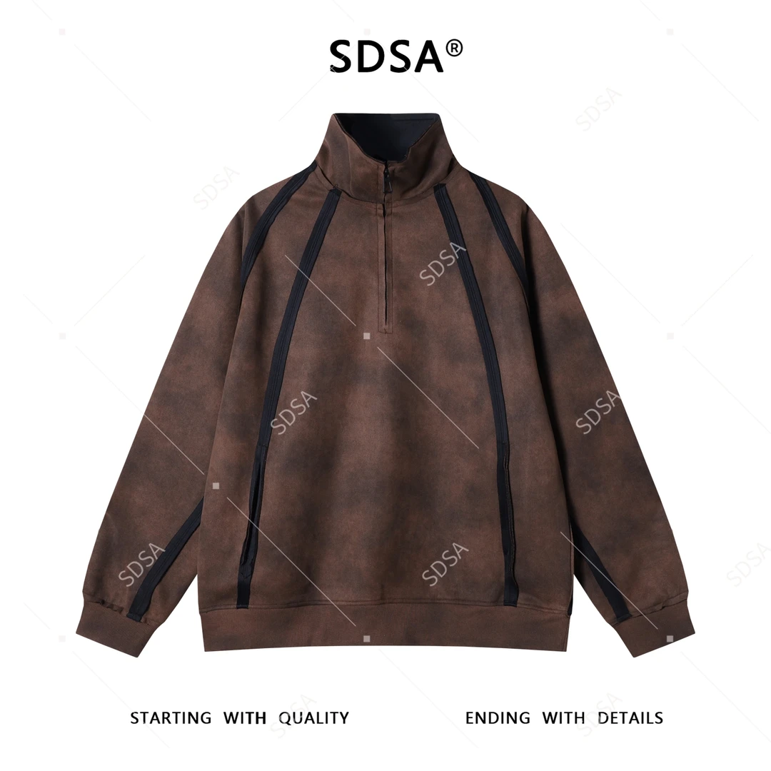 SDSA男士秋冬新款痞帅男装扎染撞色织带半拉链立领卫衣宽松休闲