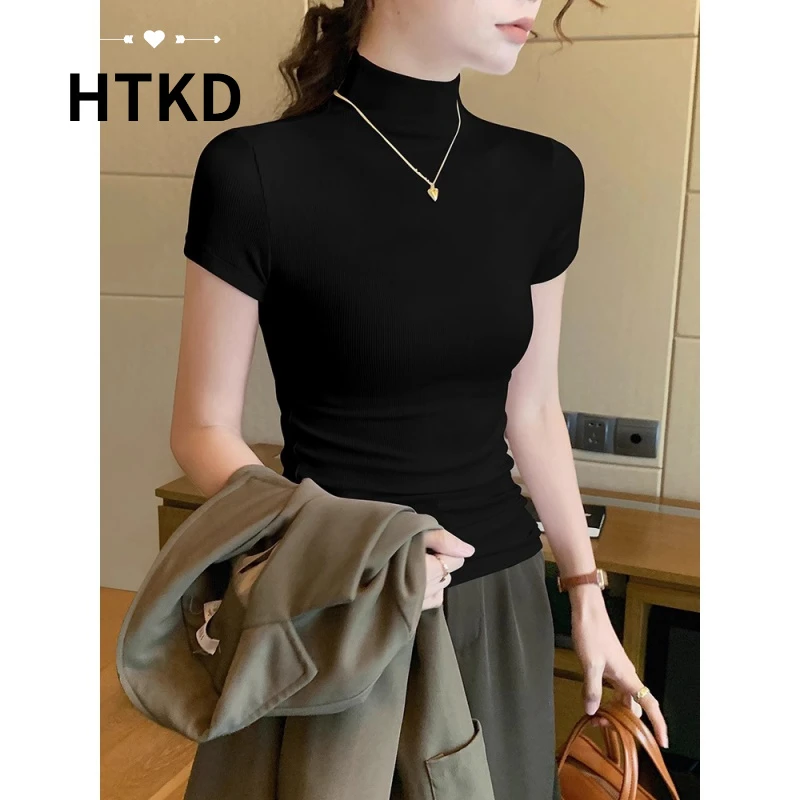 HTKD黑色针织半高领短袖t恤女春夏2025新款洋气百搭打底紧身半袖