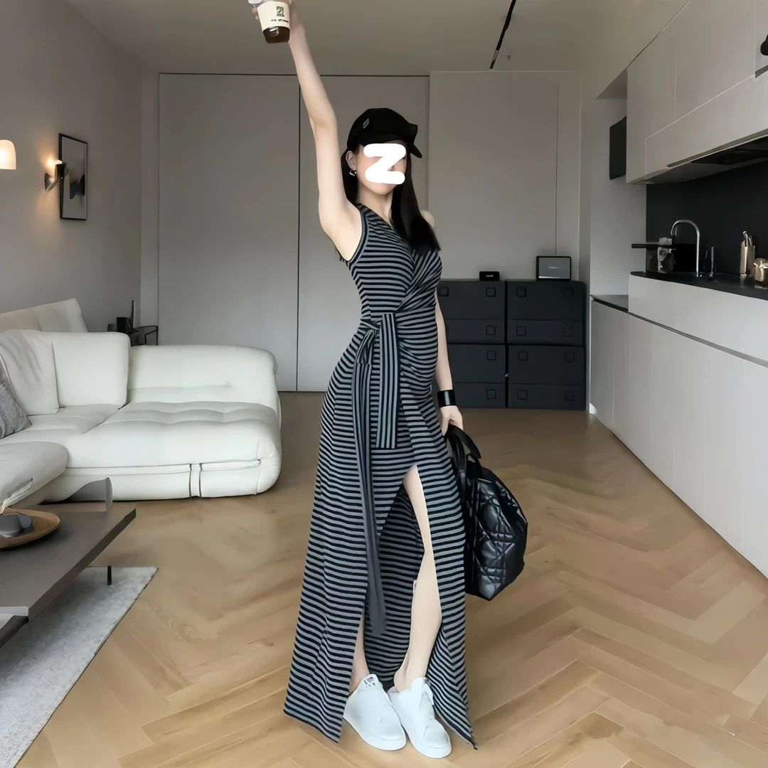 法式气质条纹开叉连衣裙女2025夏季新款绑带收腰设计感小众长裙子