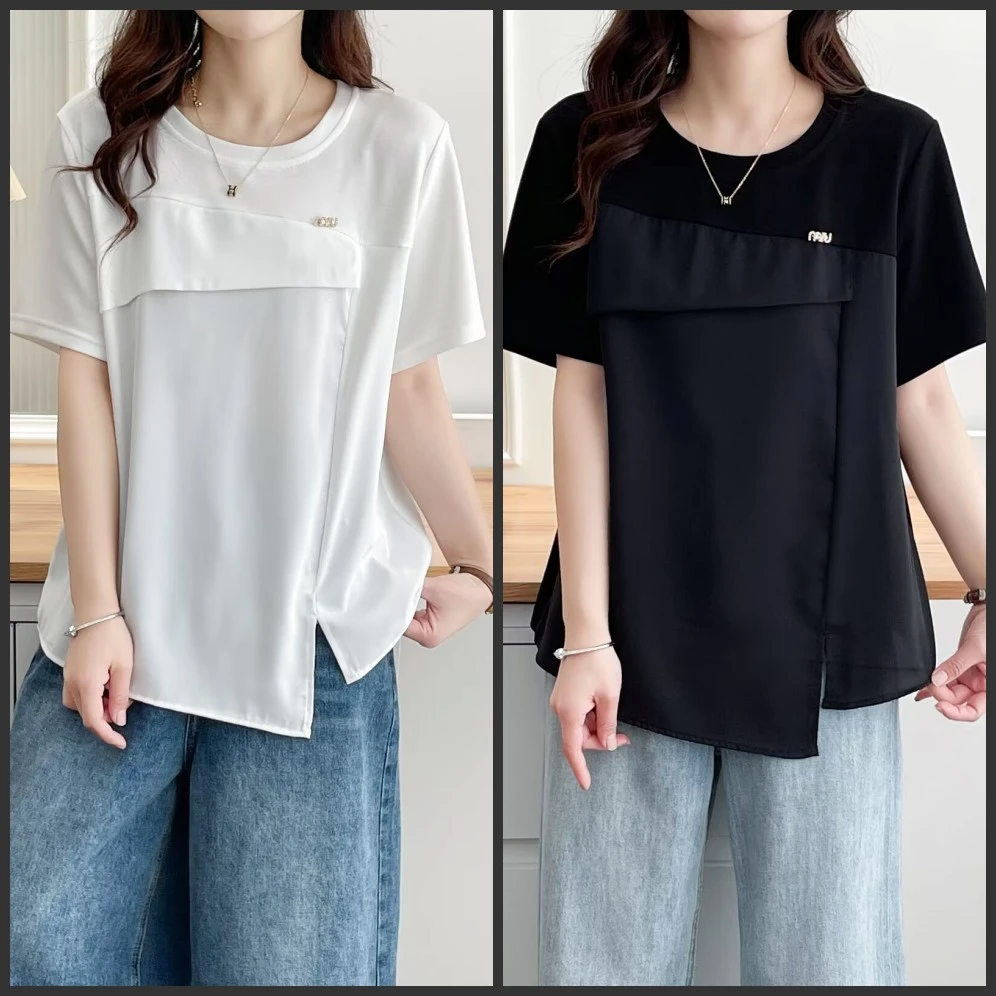 梦冬佳--120-200斤大码女装洋气百搭拼接款显瘦个性夏装短袖T恤
