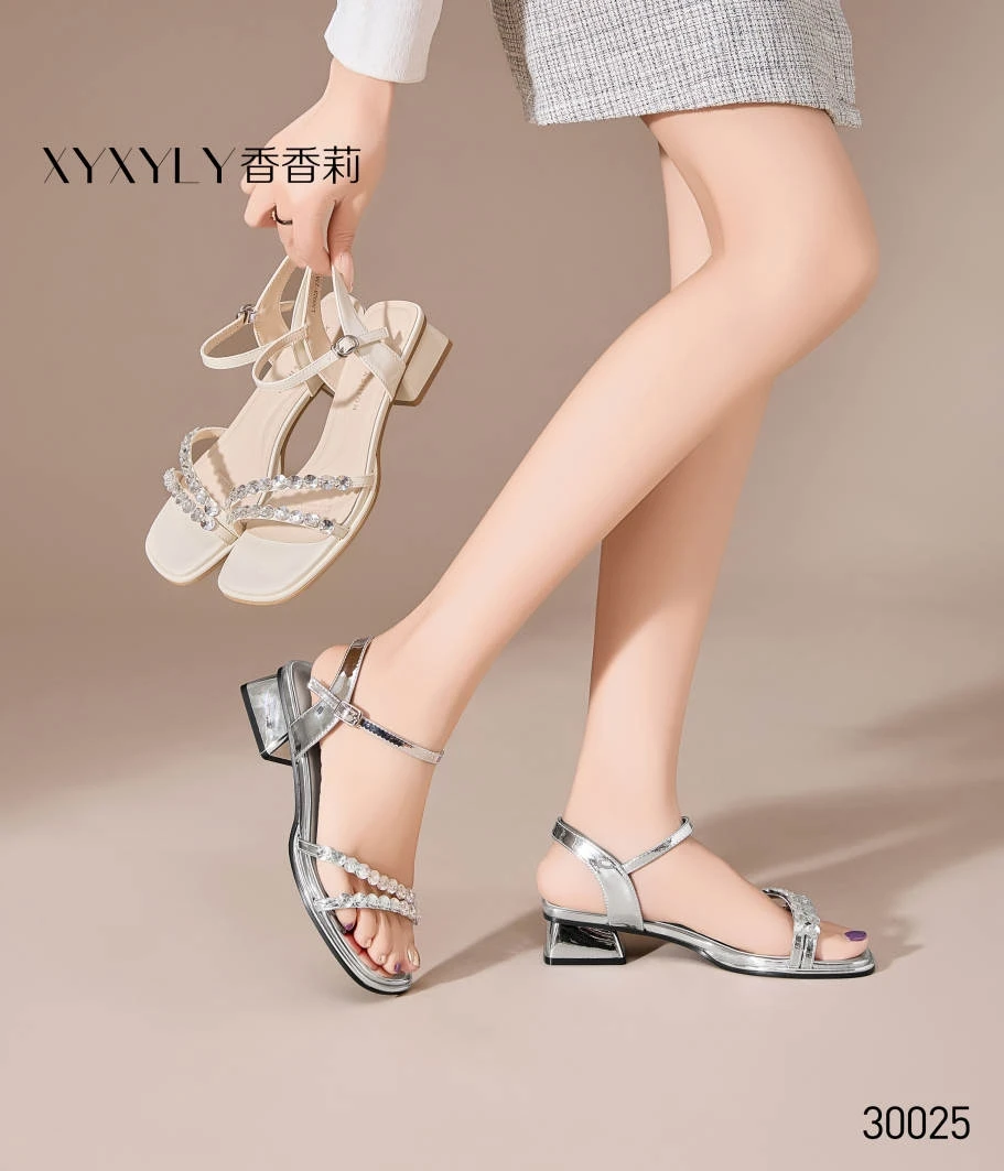 香香莉女鞋30025新款时尚百搭粗跟凉鞋女一字带高跟鞋女鞋2025夏