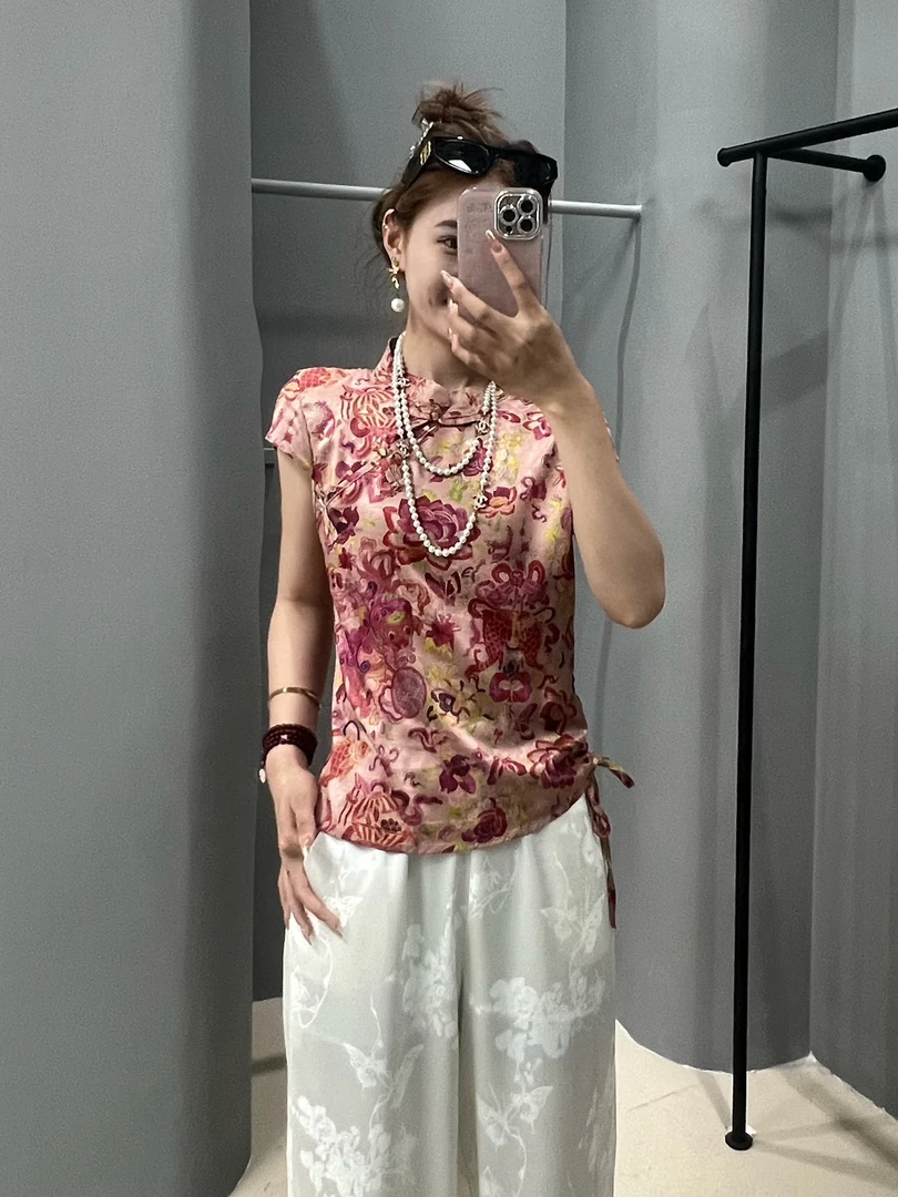 夏季新款国风盘扣小衫短袖新中式印花时尚上衣