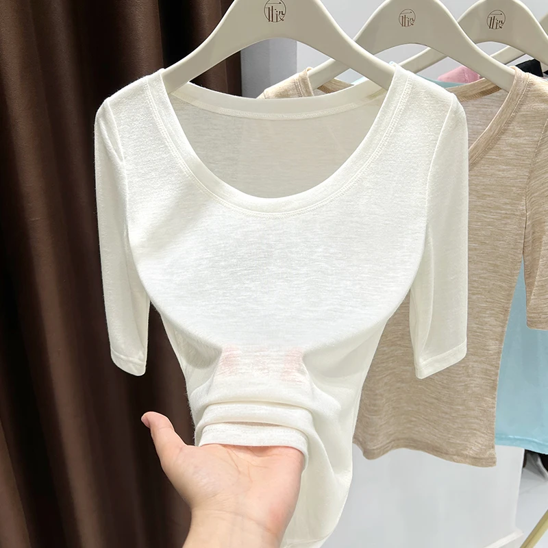 米白色短袖t恤女2025新款爆款夏季大u领正肩显瘦高端冰丝透气上衣