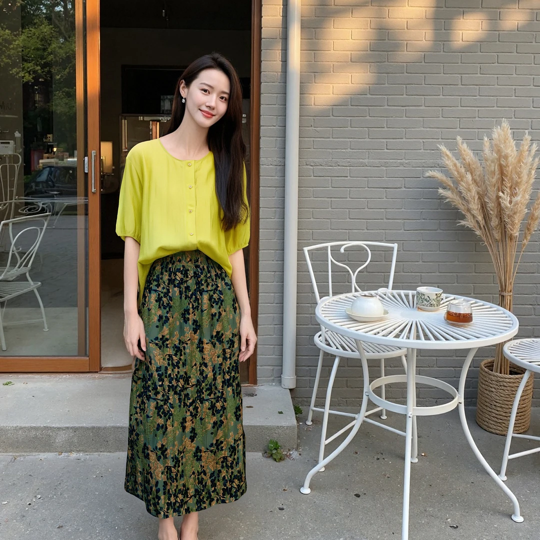 【TK】2025新款时尚透气上衣松紧腰碎花半身裙时尚套装HCZX641413