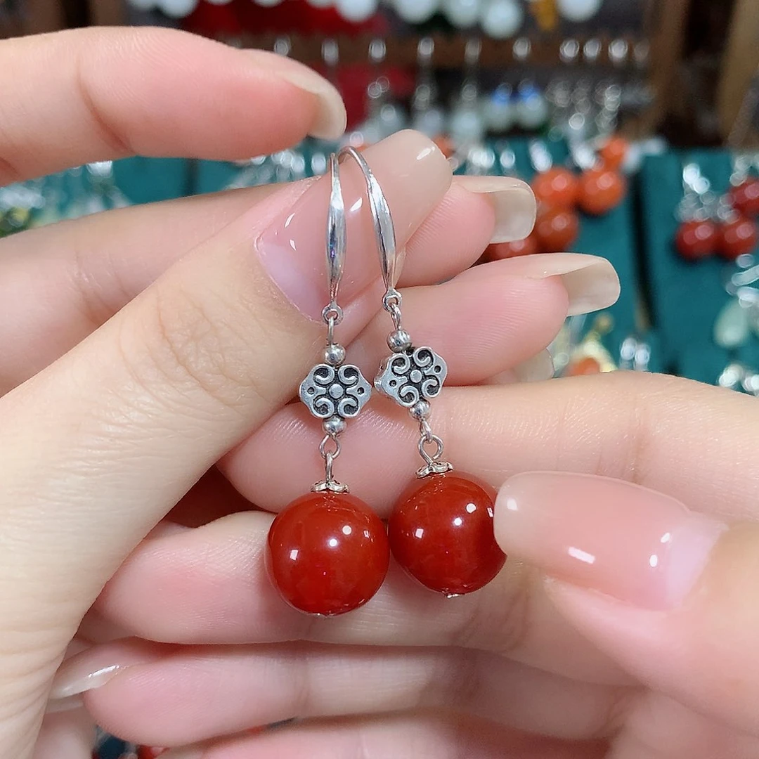 玛瑙/玉髓耳饰银S925镶嵌天然红玛瑙12mm左右（锦红）