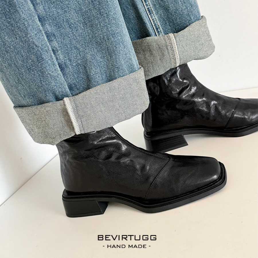 法式轻奢3.5cm|头层羊皮百搭复古短靴女真皮秋冬英伦风方头女靴子