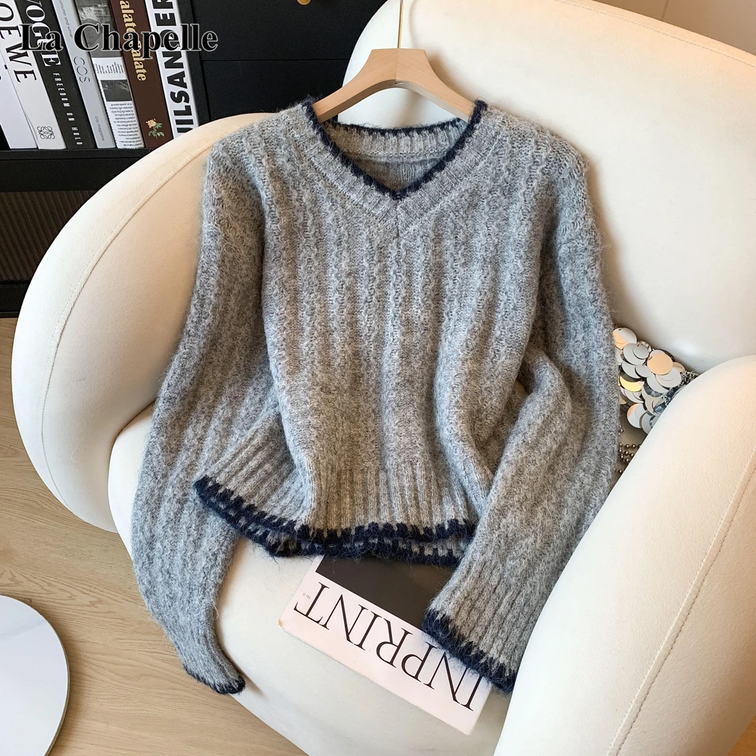拉夏贝尔秋冬款灰色软糯针织衫显瘦上衣女韩版V领慵懒风撞色毛衣
