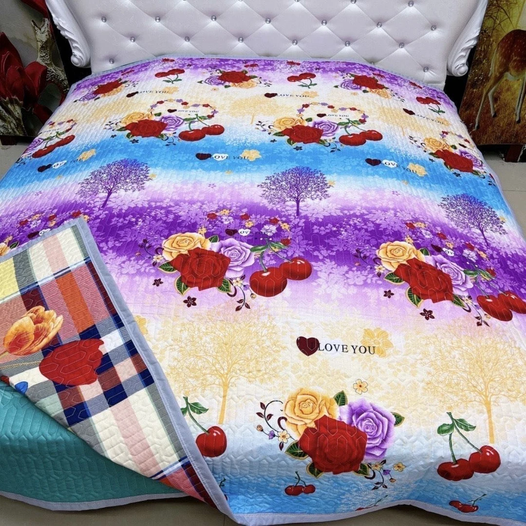 【樱桃黄格郁金香床盖】2米×2.3米三层夹棉双面双人四季通用炕盖