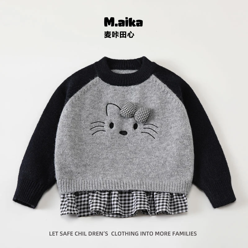 59721女童插肩袖假两件针织刺绣小猫上衣洋气格子拼接外穿针织