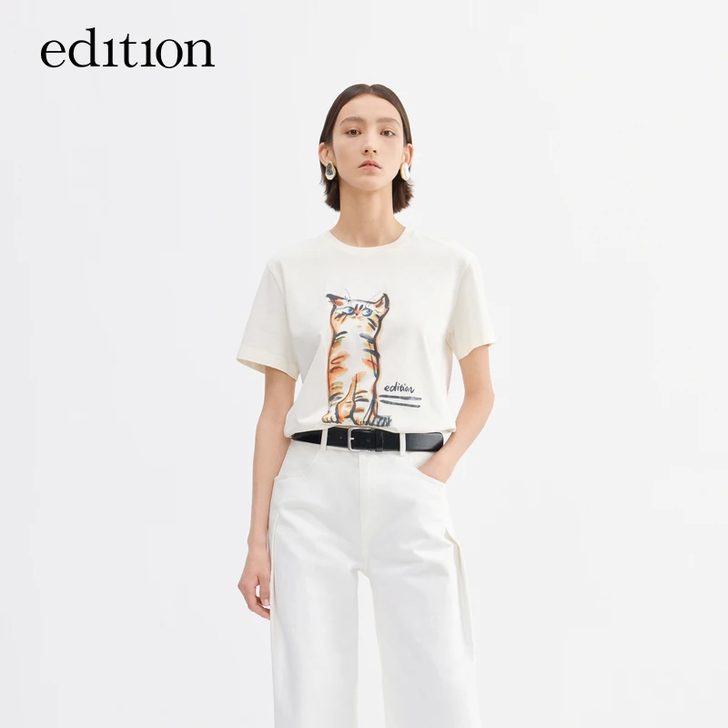 【抗菌】edition夏款猫咪印花正肩简约短袖T恤女#EBD2TEET06