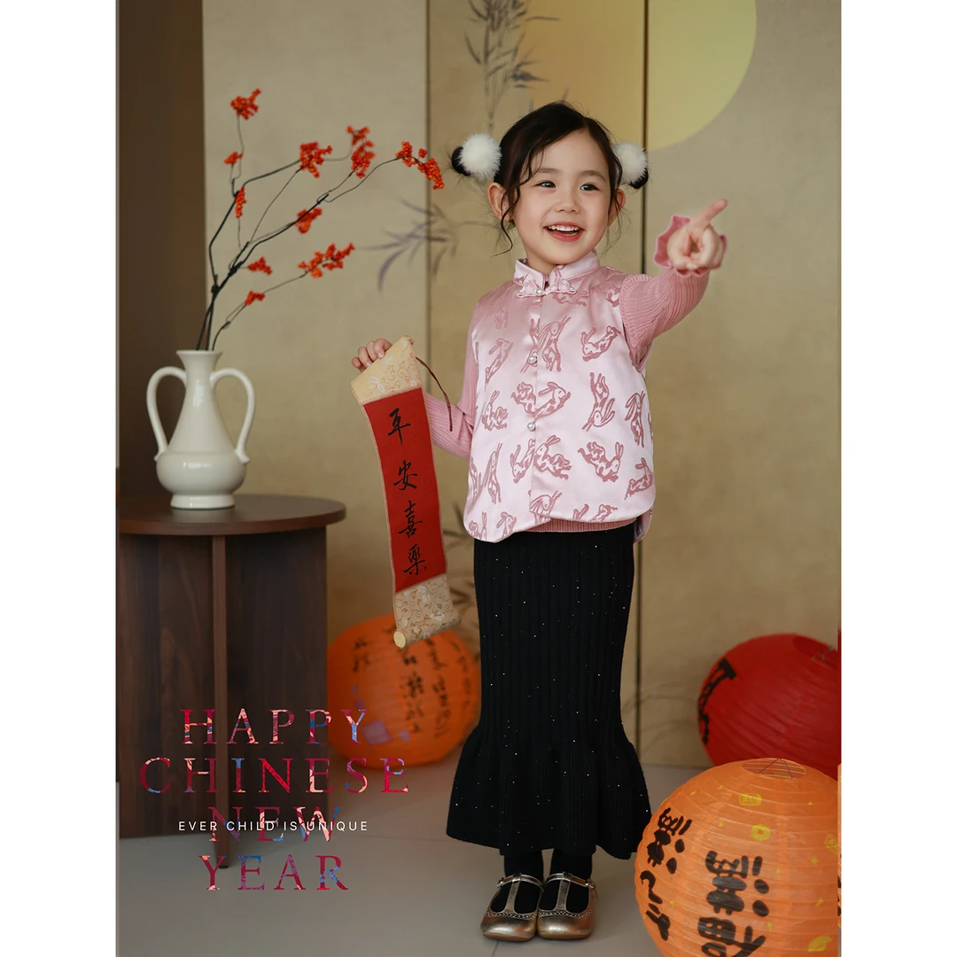 LUCAMA【玉兔呈祥】女童新中式中国风兔子桑蚕丝夹棉背心拜年服