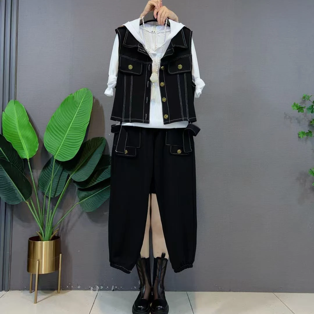 秋季新品休闲时尚套装韩版大码短马甲打底衫束脚裤遮肉显瘦套装