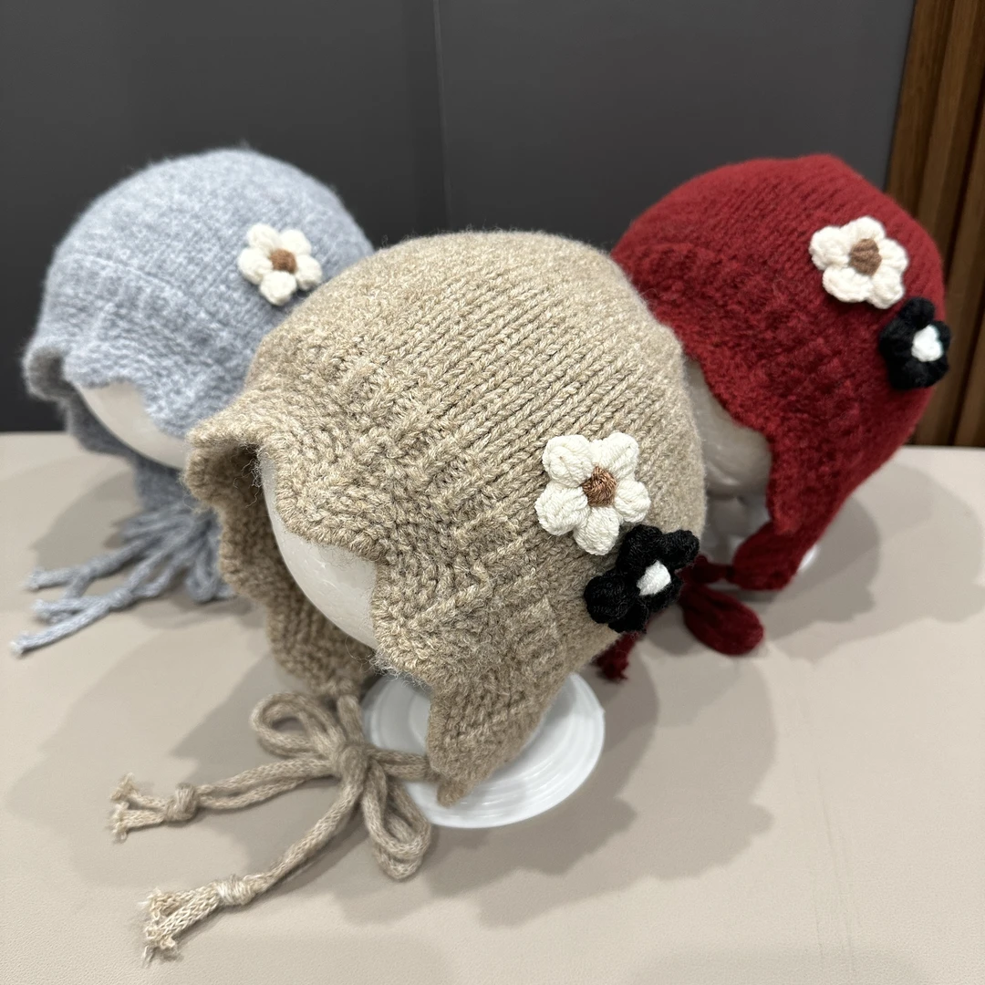 【可爱小花】婴儿帽子秋冬护耳韩版百搭针织保暖女童户外防风毛线帽