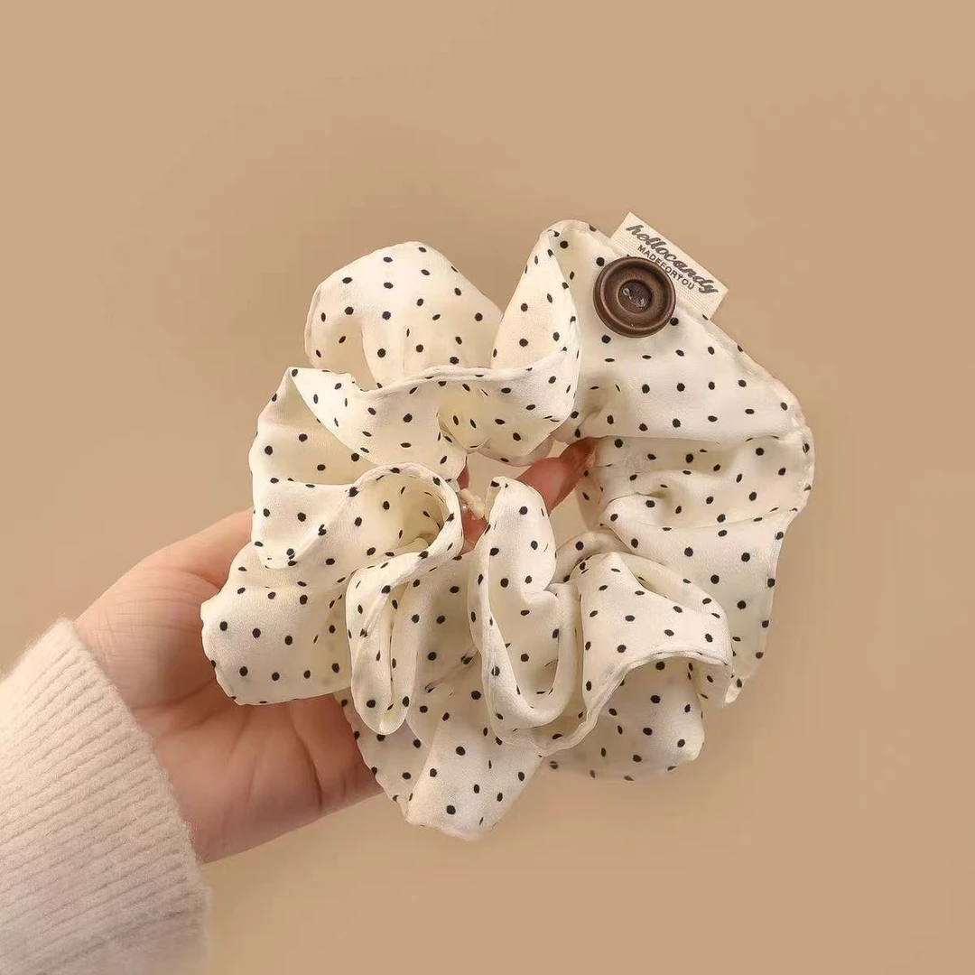 2025日韩新款气质双层波点布艺大肠圈花朵发圈网红低马尾发圈女