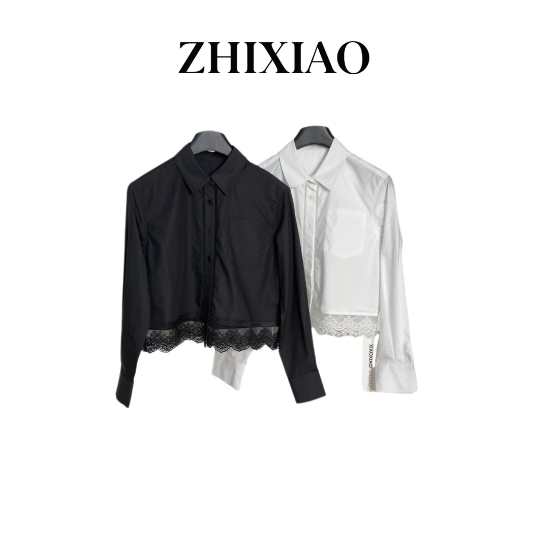 【ZHIXIAO】夏季新款：下摆蕾丝拼接衬衣001-2