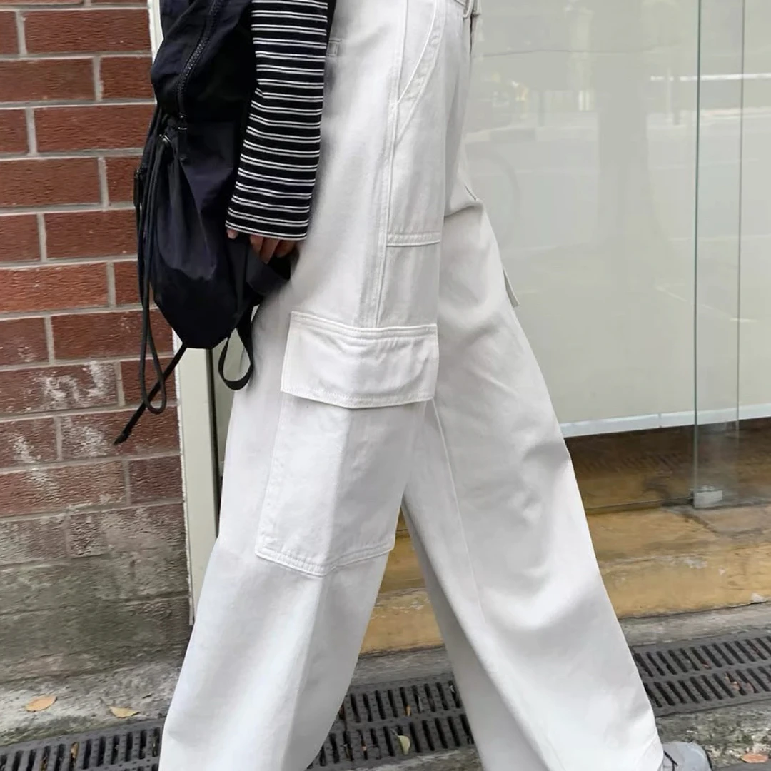 114韩国拆包复古高腰显瘦直筒阔腿裤宽松慵懒牛仔工装裤