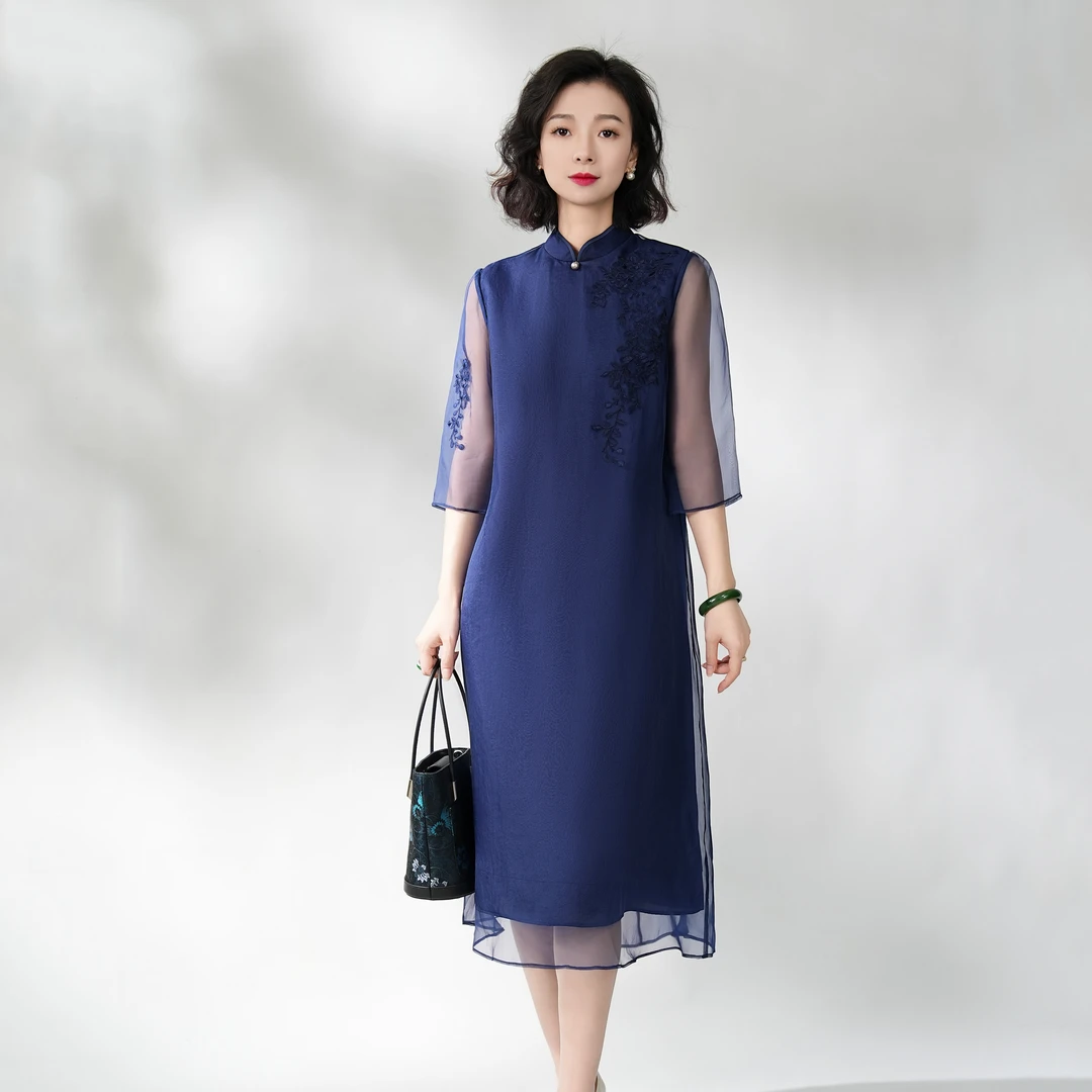 西子/【鸢尾蓝】桑蚕丝拼接国风纱感刺绣立领旗袍连衣裙/QPBH270