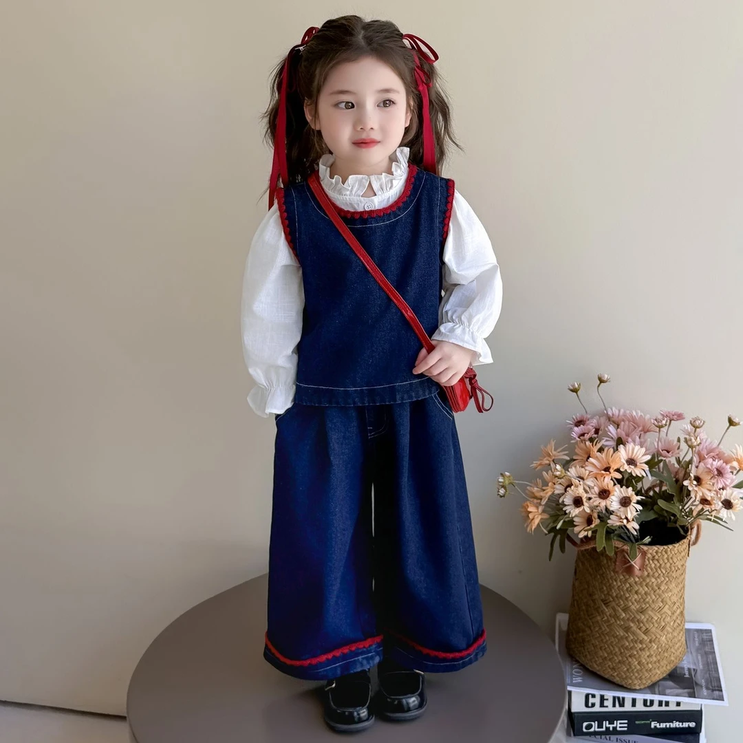 女童韩版春秋季阔腿裤牛仔套装女宝宝新款时髦三件套秋装森系