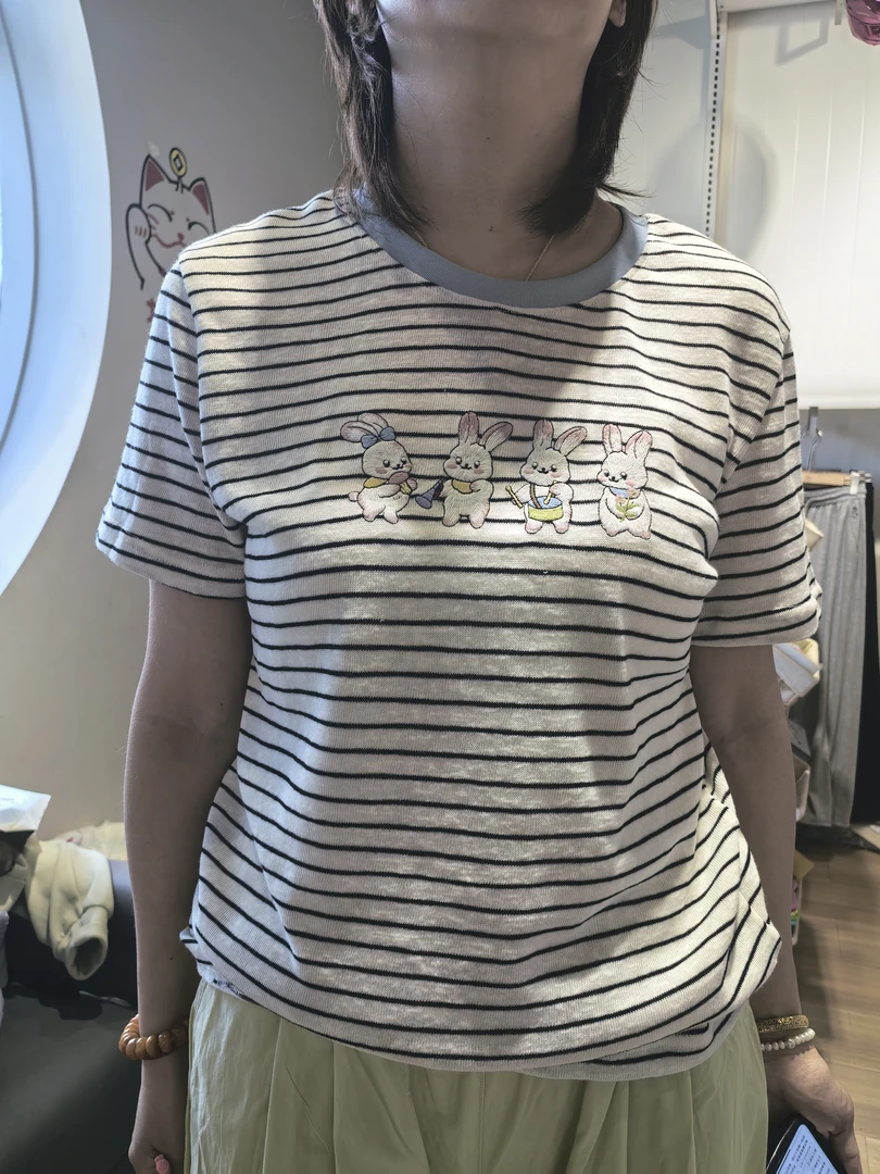 5517夏季新款重工小兔子时尚休闲条纹圆领百搭高品质半袖