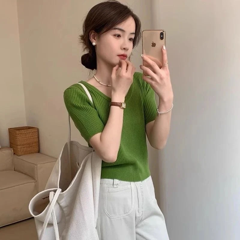 薄款短袖夏季简约毛针织衫显瘦出游打底衫冰丝t恤女气质设计感