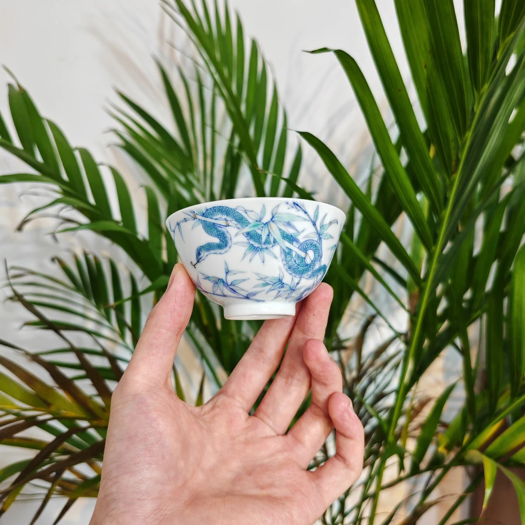 明逸堂白瓷手绘陶瓷|青花斗彩大号缠枝青蛇主人杯茶杯家用茶具