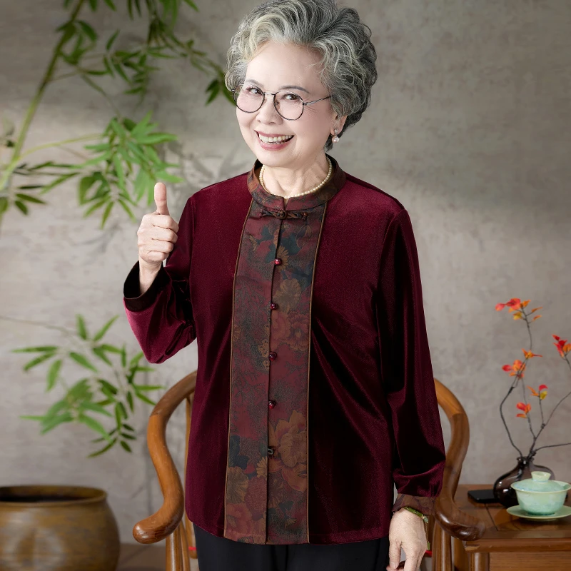 奶奶装春装国风金丝绒唐装上衣中老年人妈妈春秋长袖衬衫婆婆衣服