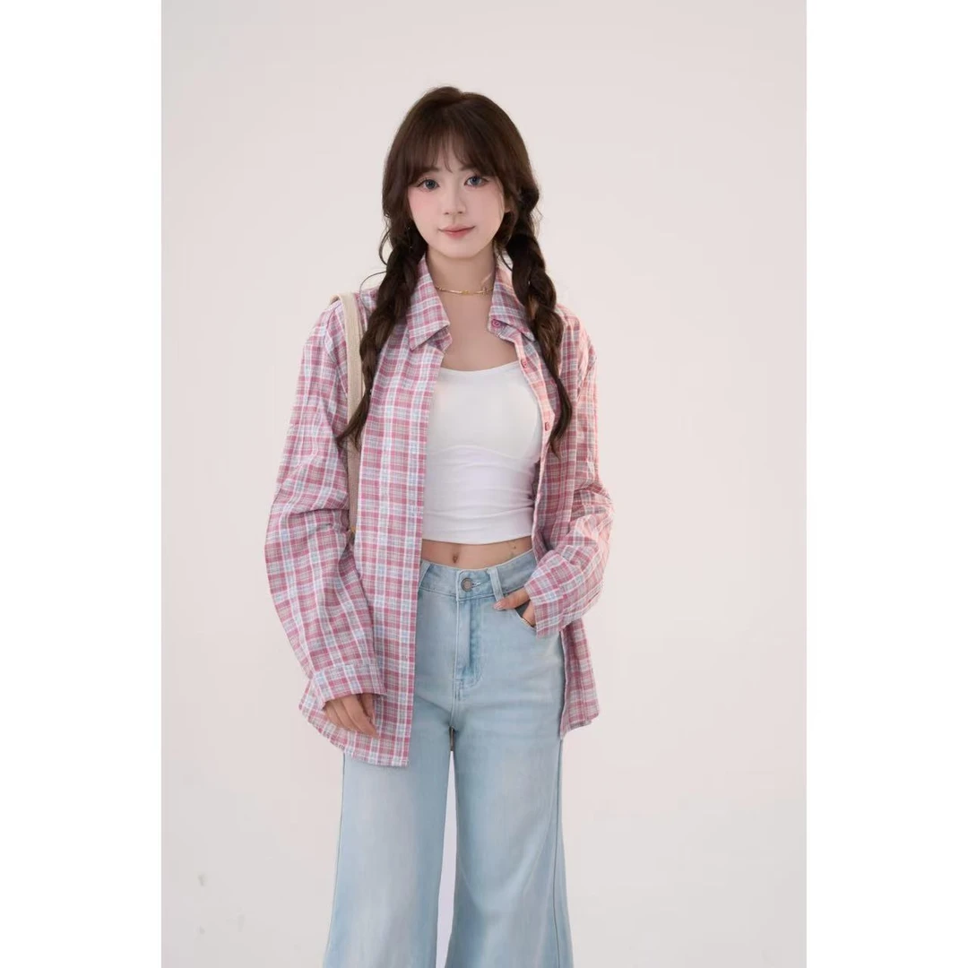 春季粉色百搭衬衫女设计感小众宽松长袖休闲格子衬衣8030