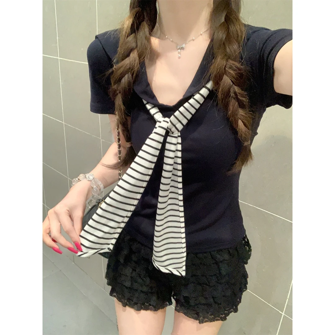 韩系学院风海军领套头条纹披肩正肩设计感短袖T恤女小众夏季上衣