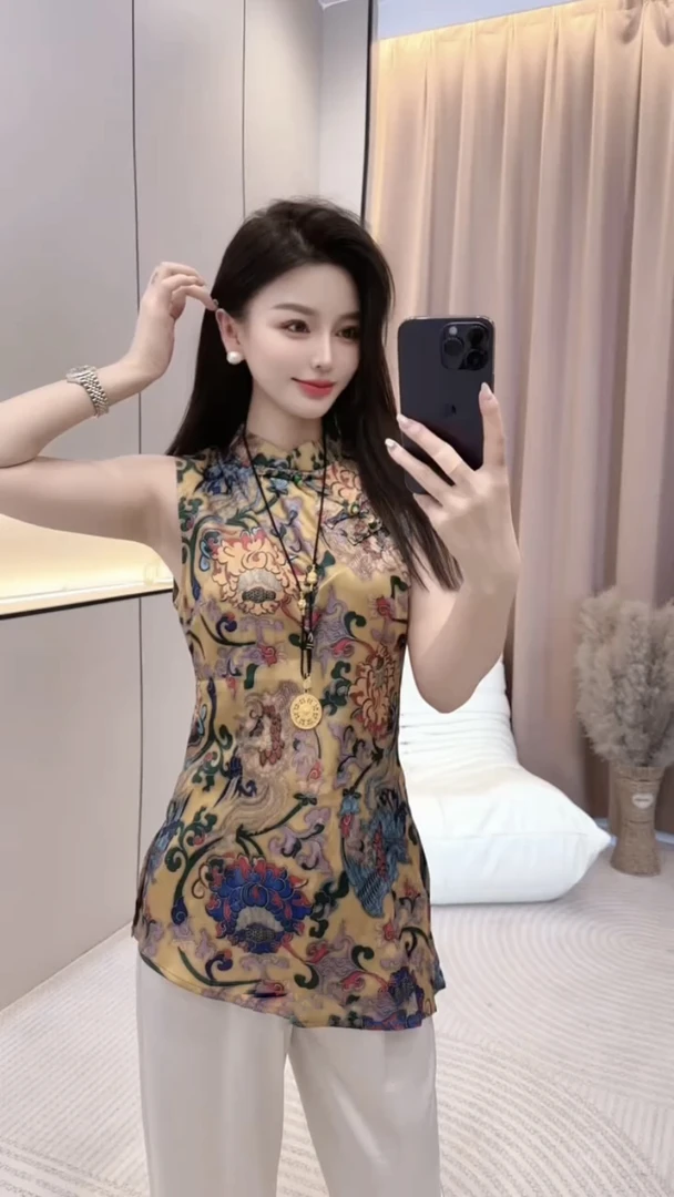 新中式国风女装2025新款高级感轻奢减龄洋气咖色印花上衣夏季