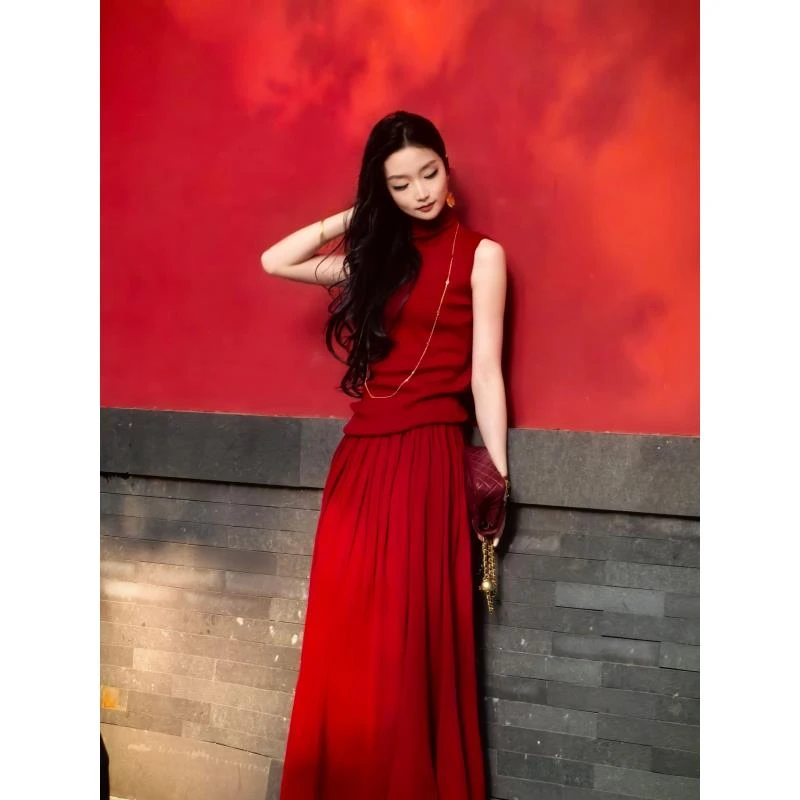 【奥蒂吉亚】2025春季新款显瘦羊毛背心半身长裙简约舒适气质套装