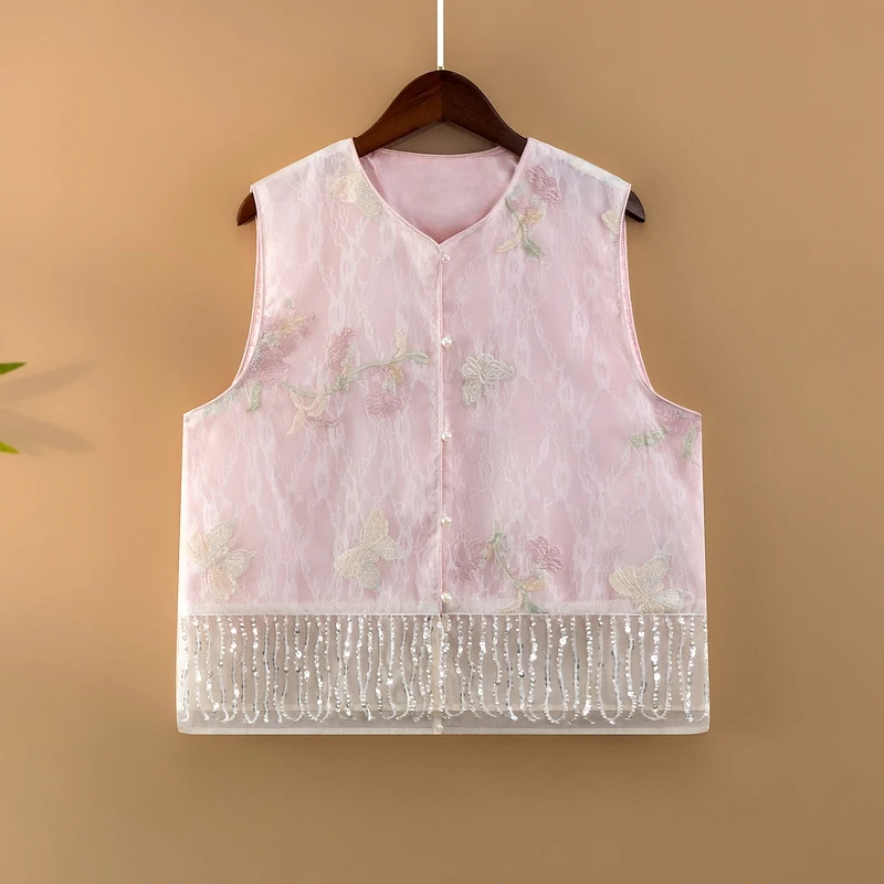 【胭芳】夏季2025新款马甲女装新中式宽松圆领绣花薄款气质上衣马夹