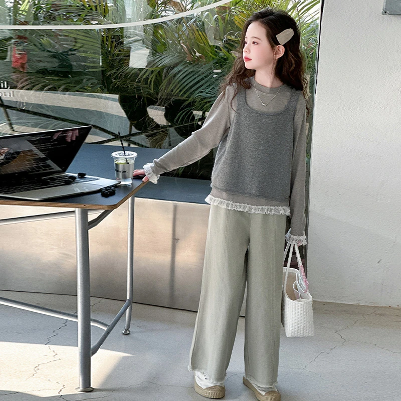 女童套装春秋2025新款儿童洋气长袖春装大童春季小香风背心三件套