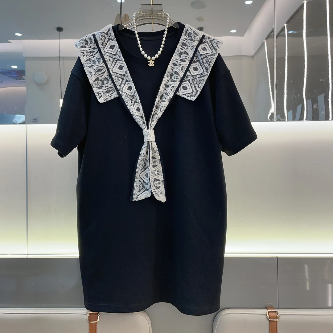 裙子长裙时尚夏季韩版长款蕾丝连衣裙套头短袖圆领翻领减龄