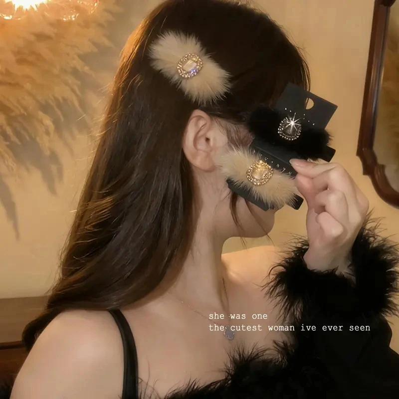 韩系轻奢复古宫廷风毛毛发夹精致高端闪钻法式秋冬刘海夹碎发夹