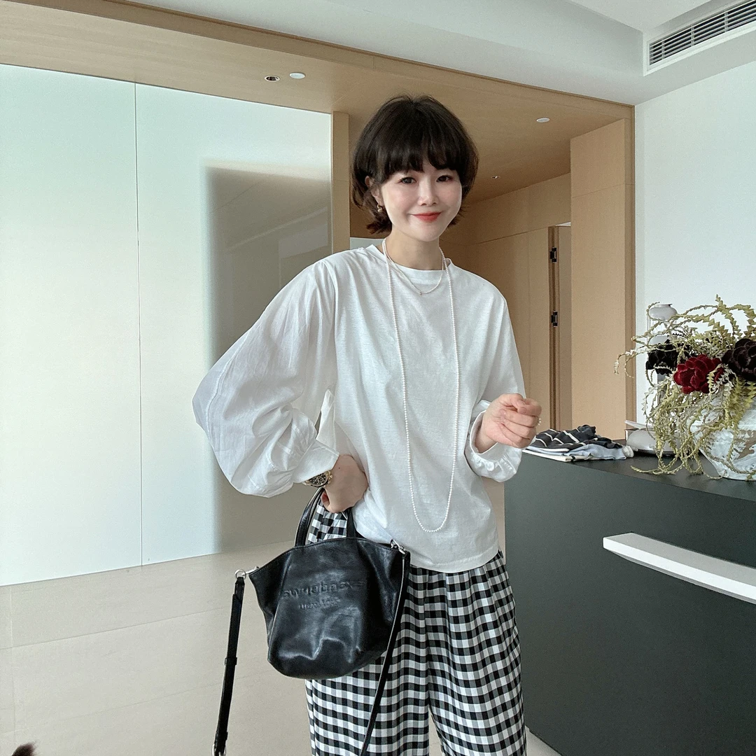 春季设计感灯笼袖圆领长袖T恤