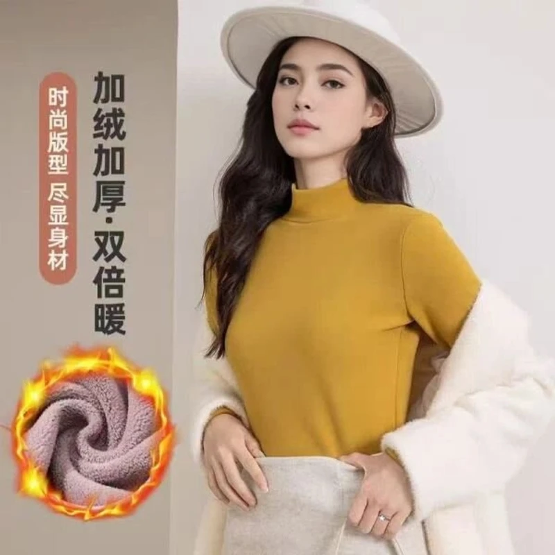 2024冬款【加绒加厚半高领】韩版修身无痕超保暖时尚奥粒绒打底衫女