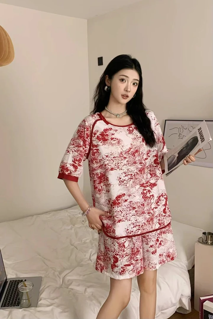 夏季洋气显瘦短袖短裤套头俩件套大码胖妹妹可外穿国风睡衣1078