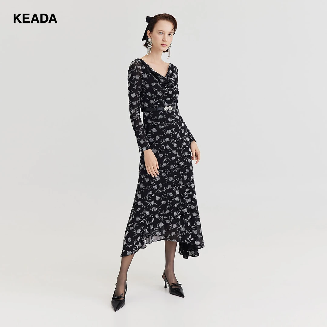 KEADA显瘦修身长裙荡领黑色玫瑰印花连衣裙KSN3DR1655