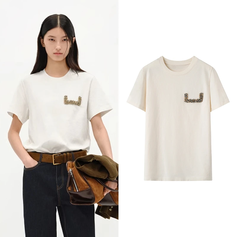 【M】短袖T恤2025春新品全手工络花钻饰棉质圆领宽松K1465