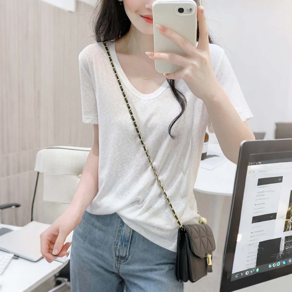 夏季新款U领简约短袖T恤女薄款雪花棉正肩宽松百搭显瘦基础上衣潮
