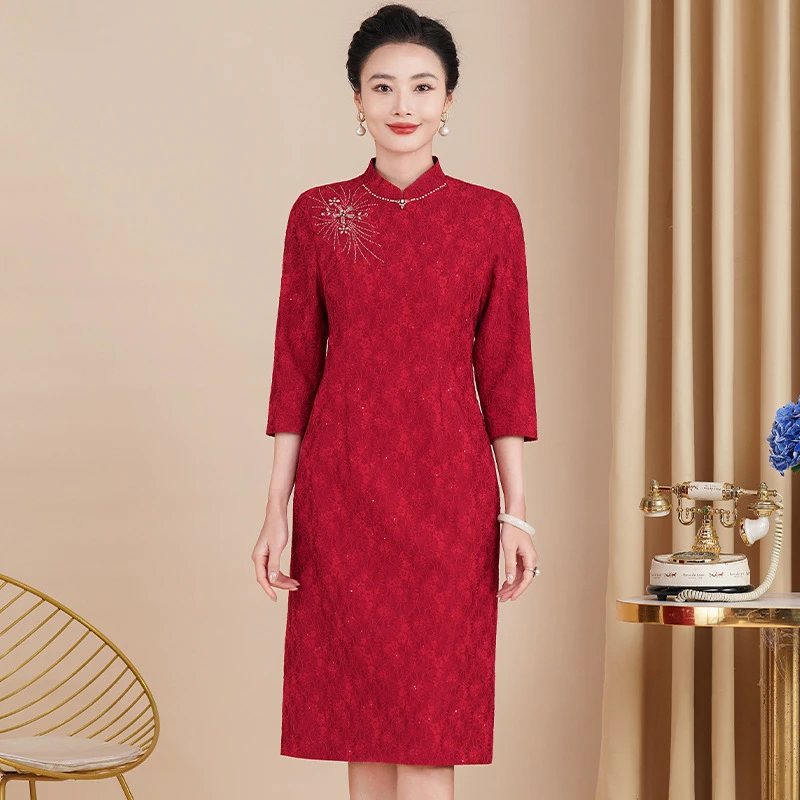 喜婆婆婚宴装红色旗袍2025春秋七分袖礼服年轻妈妈参加婚礼连衣裙