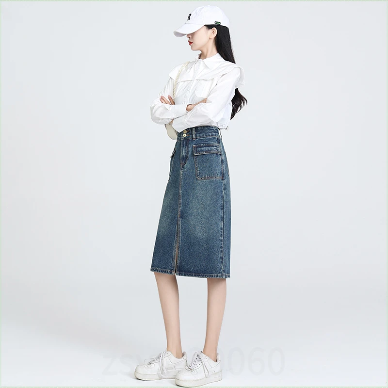 牛仔裙复古高腰排扣半身裙2025春夏新款中长款百搭显瘦开叉包臀裙